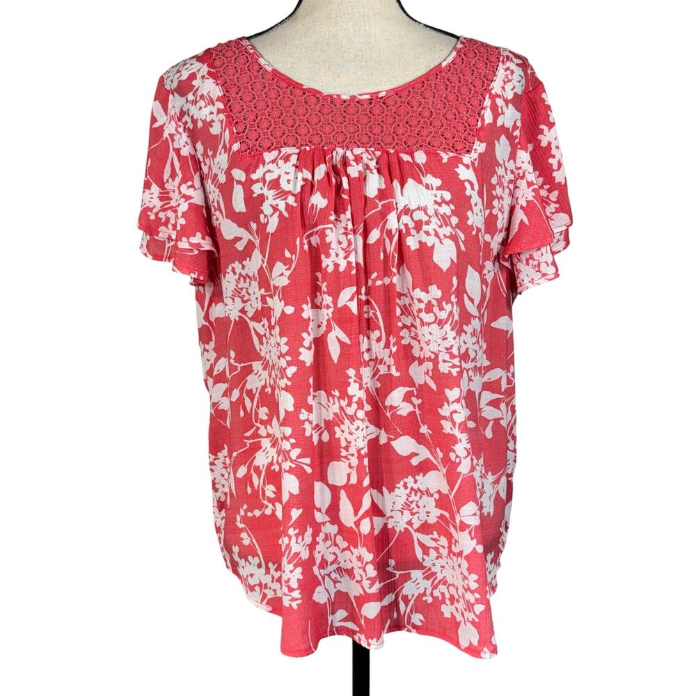 Liz Claiborne X-Large Top Floral Crochet Hi-Low Hemline Flutter Cap Sleeves Pink